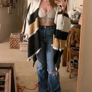 Express Black, Brown and White Striped Poncho with White Tassels